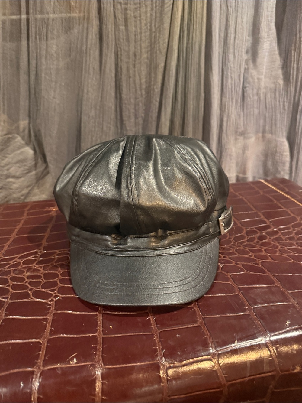 Black Faux Leather Newsboy Cap -